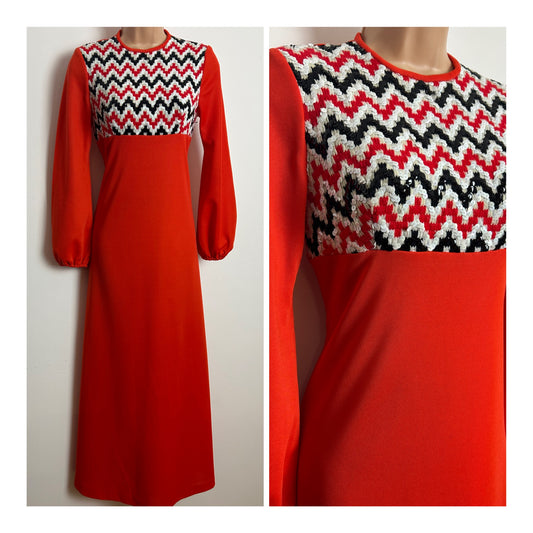 Vintage 1970s Size 8 Orangey Red White & Black Sequin Embellished Long Sleeve Evening Maxi Dress