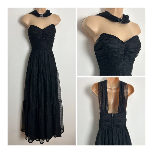 Vintage 1980s AFTER SIX BY RONALD JOYCE UK Size 6-8 Black Polka Dot Net Halter Neck Party Prom Special Occasion Ballgown