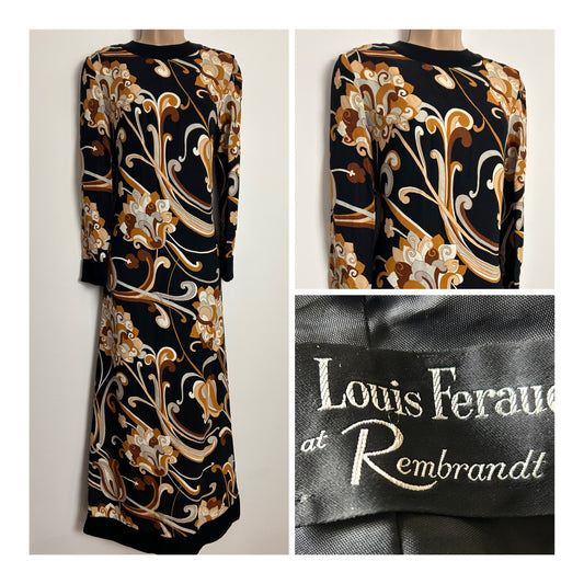 Vintage 1960s LOUIS FERAUD AT REMBRANDT UK Size 10 Black Brown & Grey Abstract Floral Print Long Sleeve Maxi Dress
