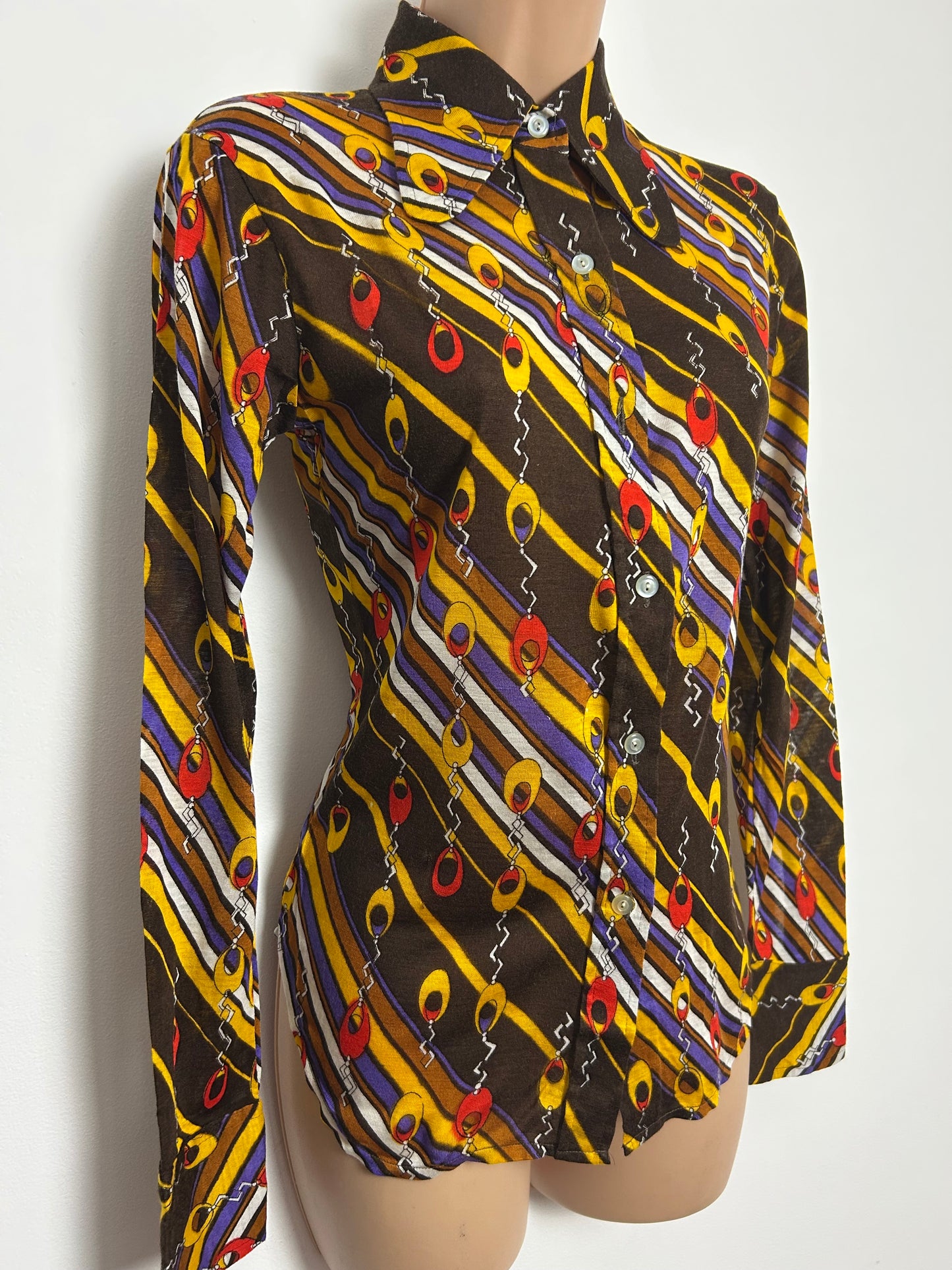Vintage 1970s SAINT CLOUD Size 6-8 Brown Mustard Red & Purple Abstract Print Beagle Collar Shirt