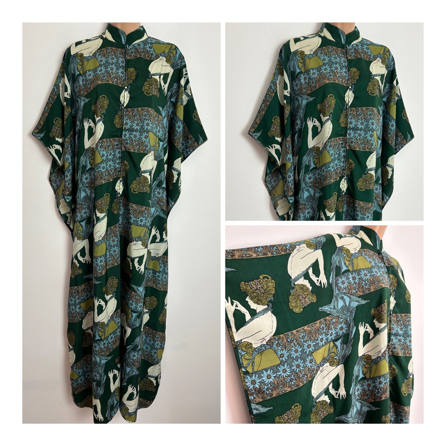 Vintage 1970s DEBENHAMS AMAZING One Size Up to 14 Dark Green Art Nouveau Lady Novelty Print Zip Fronted Kaftan