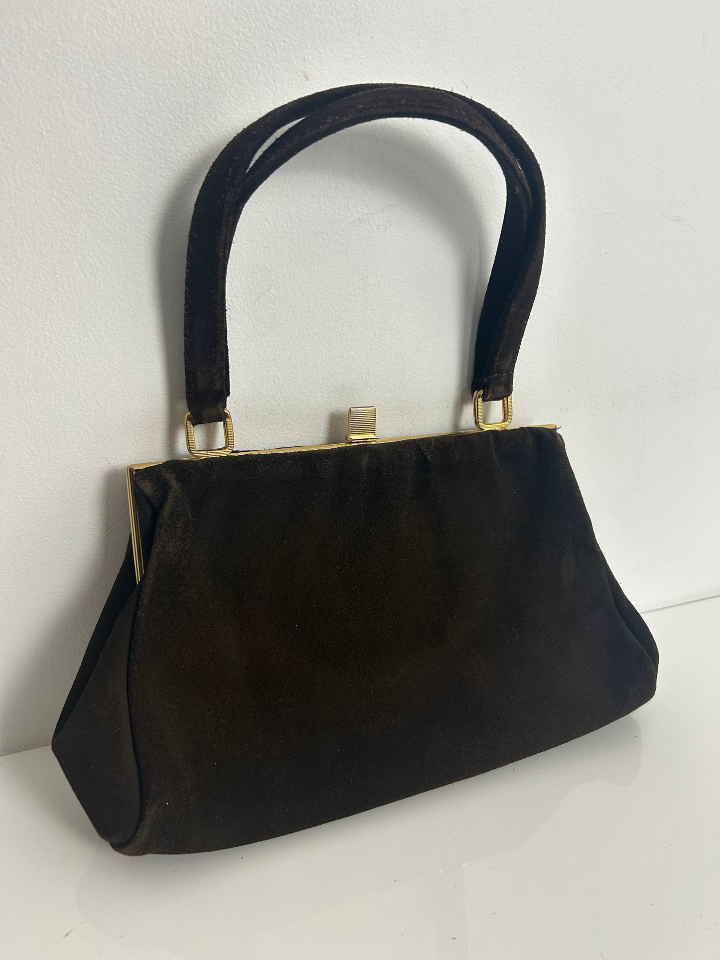Vintage 1950s Dark Brown Suede Top Handle Handbag Made In London