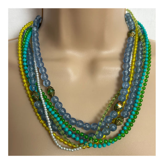 Vintage 1960s Blue Green & Yellow Plastic Bead Multi Strand Necklace With Pretty Clasp