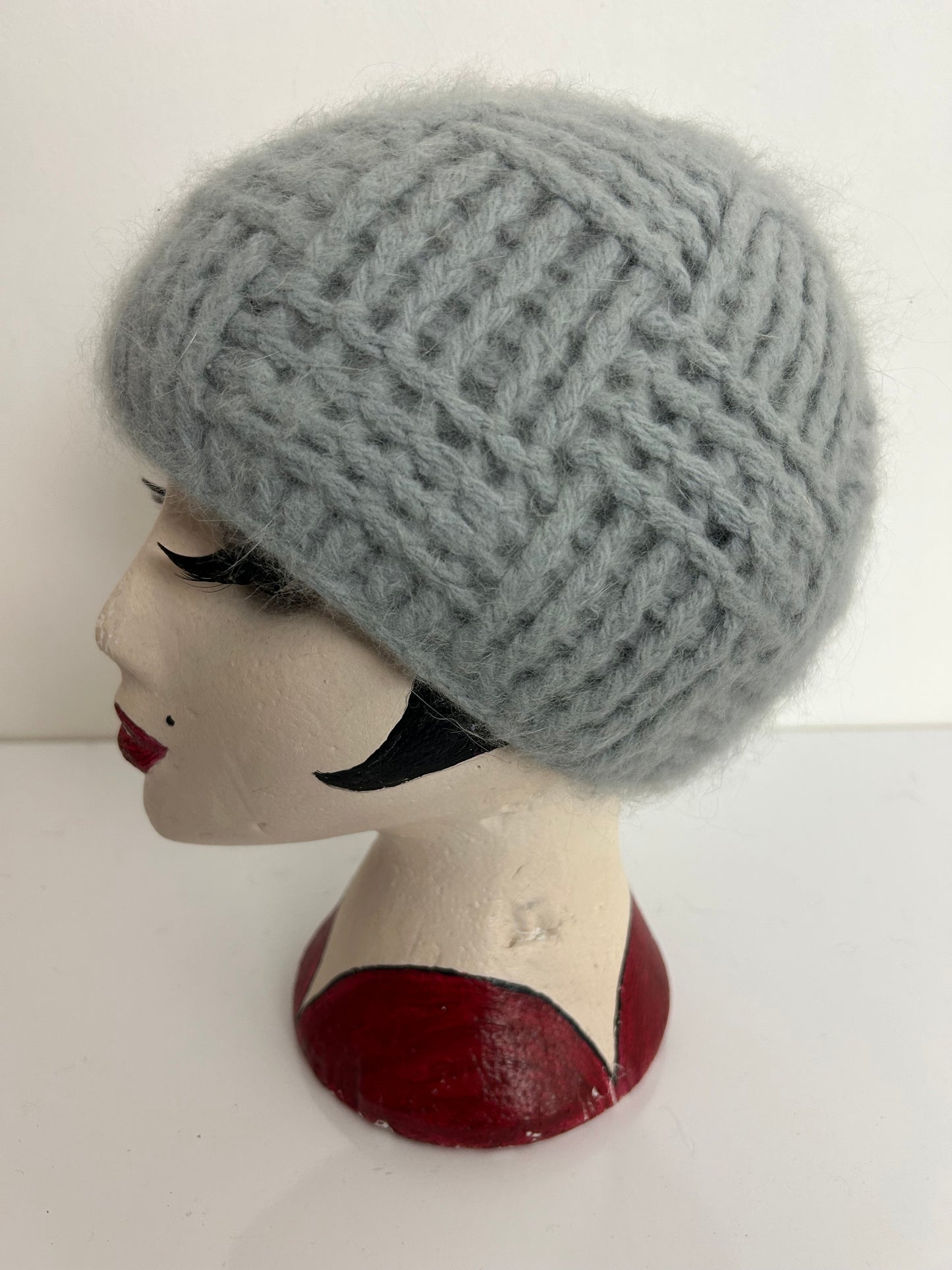 Vintage Grey Wool & Angora Mix Chunky Knit Beanie Or Beret Style Handmade Hat