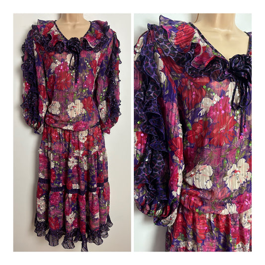 Vintage 1980s DIANE FREIS UK Size 12 Red Purple & Pink Floral & Leopard Print Sequin Embellished Midi Dress