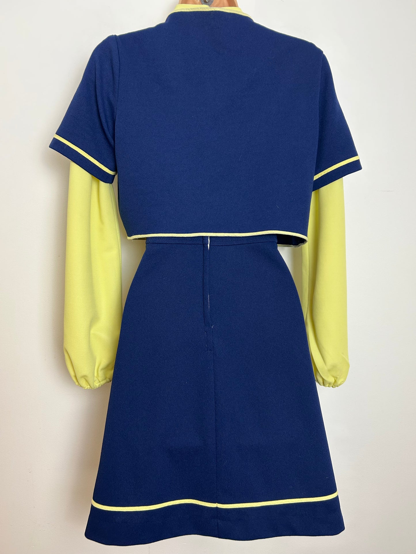 Vintage 1960s Size 8 Navy Blue & Yellow Scarf Neck Long Sleeve Mod Dress & Matching Jacket