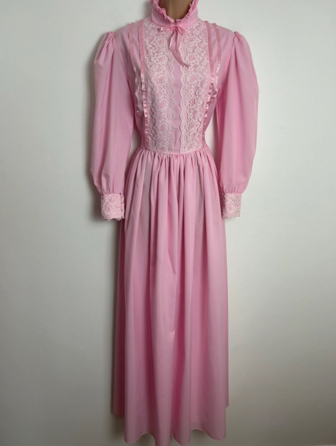 Vintage 1970s Size 10 Pink Lace Trim High Neck Long Sleeve Prairie Maxi Dress