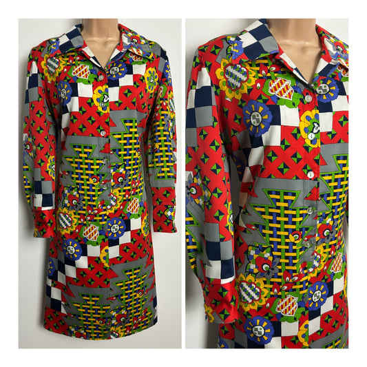 Vintage 1970s Size 14 Red Green Blue & Yellow Abstract Check & Floral Print Long Sleeve Mod Dress