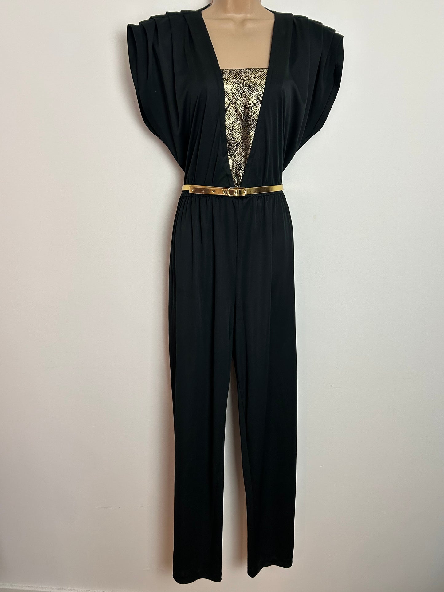 Vintage Early 1980s UK Size 14-16 Black & Metallic Gold Animal Print Panel Party Disco Belted Jumpsuit