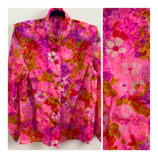 Vintage Late 1970s Early 1980s Size 16 Pink Tones Floral Print Long Sleeve Nylon High Neck Blouse