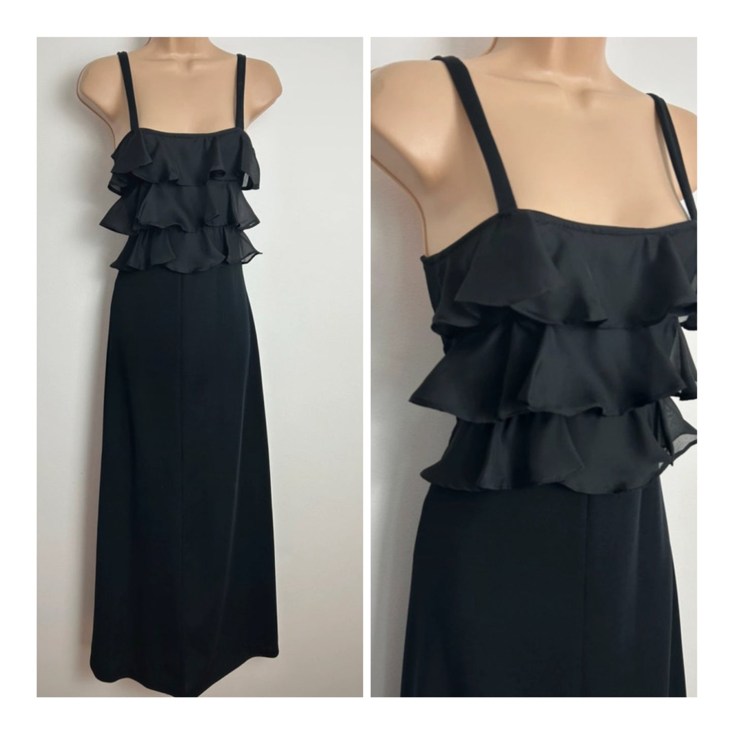 Vintage 1970s Size 4-6 Lovely Black Strappy Ruffle Layered Maxi Dress
