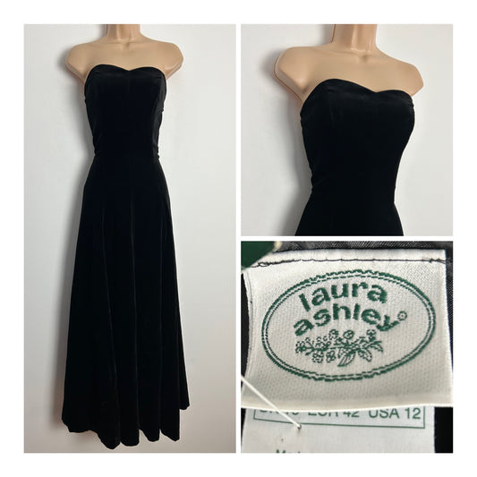 Vintage 1980s LAURA ASHLEY DEADSTOCK UK Size 12 (Size 16 On Label) Black Velvet Strapless Evening Gown