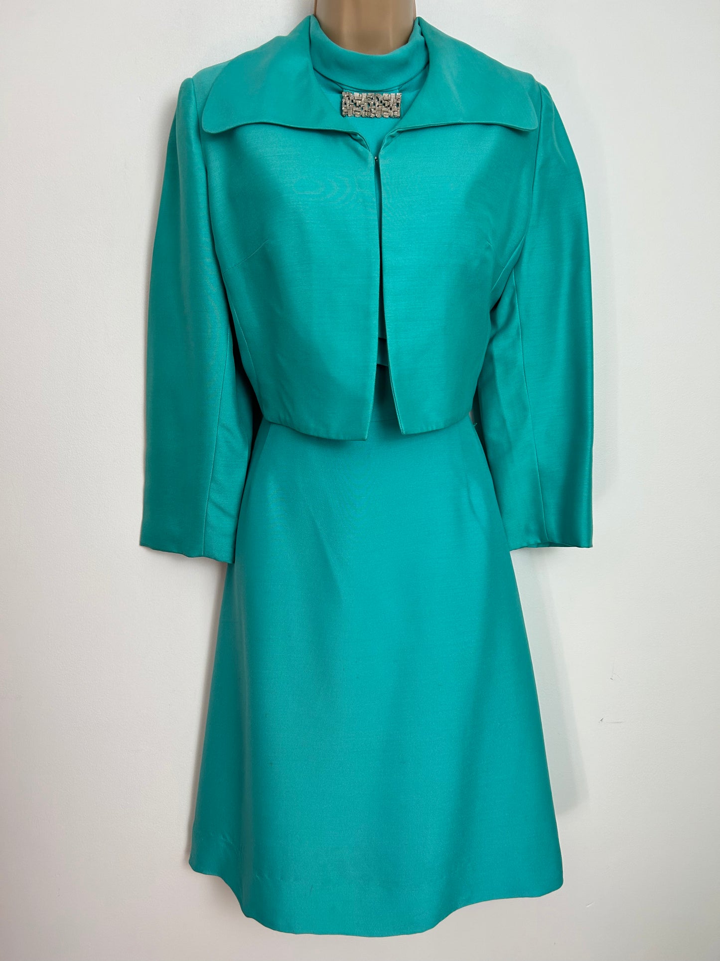 Vintage 1960s PETER BARRON UK Size 10 Turquoise Two Piece Mod Dress Suit