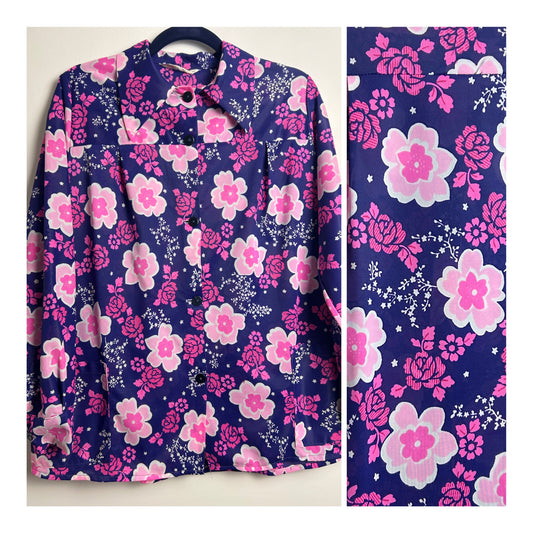 Vintage 1970s POSH PINNIES Size 14-16 Navy Blue & Pink Floral Print Nylon Tunic Style Top