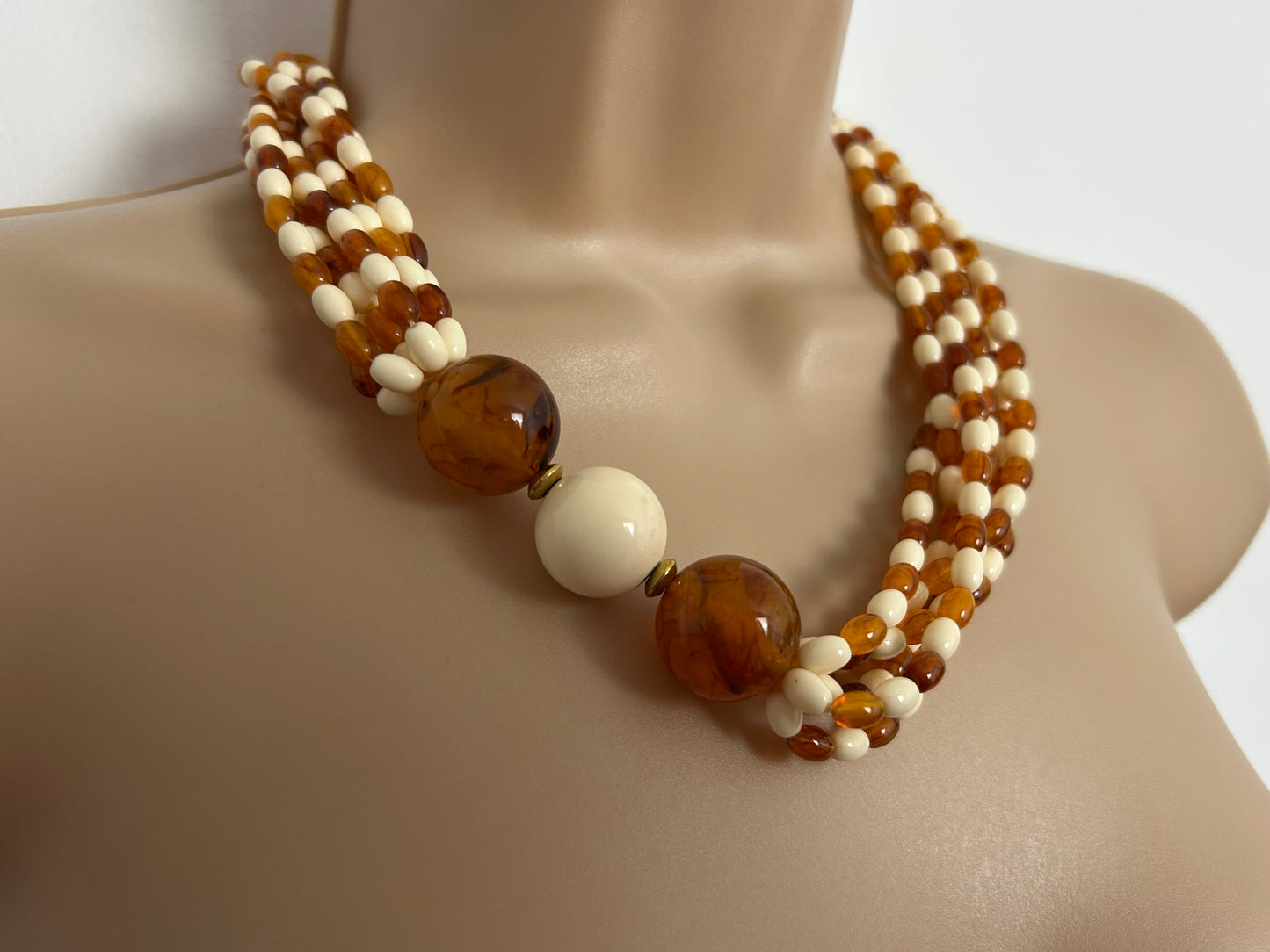 Vintage 1960s Cream & Amber Colour Plastic Bead Double Strand Necklace