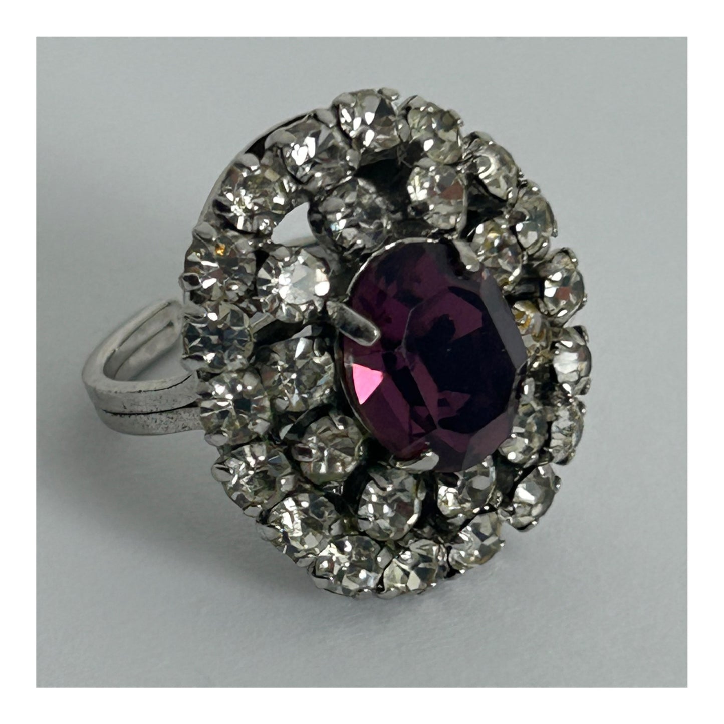 Vintage Beautiful Silver Tone Purple Glass & Diamante Set Adjustable Cocktail Ring Size P
