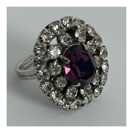 Vintage Beautiful Silver Tone Purple Glass & Diamante Set Adjustable Cocktail Ring Size P