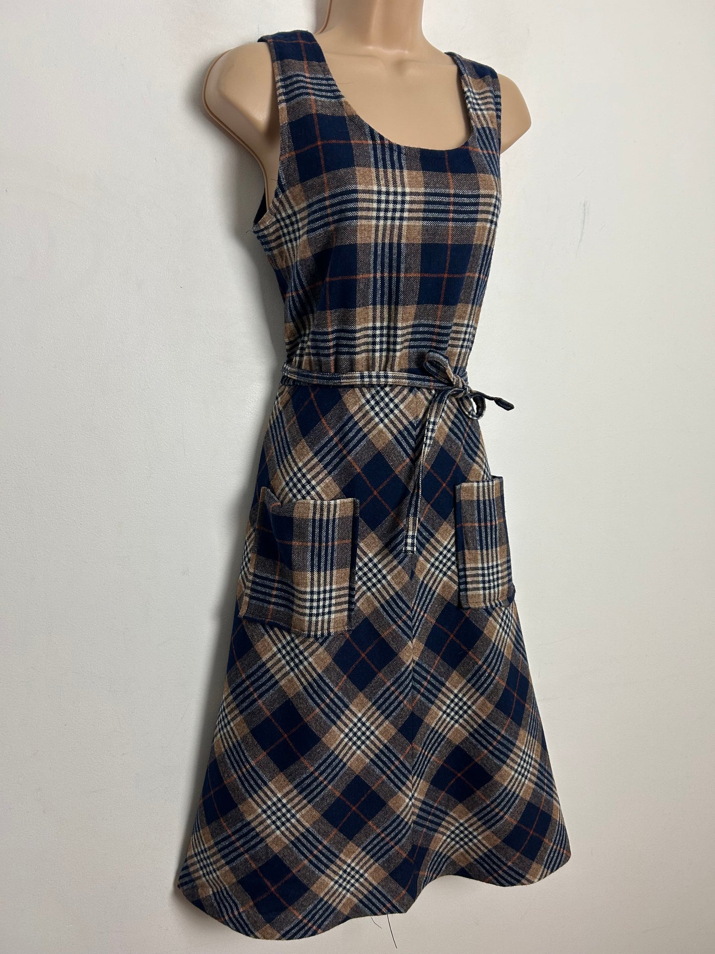 Vintage 1970s UK Size 8-10 Dark Blue & Beige Check Print Wool Mix Belted Fit & Flare Dress