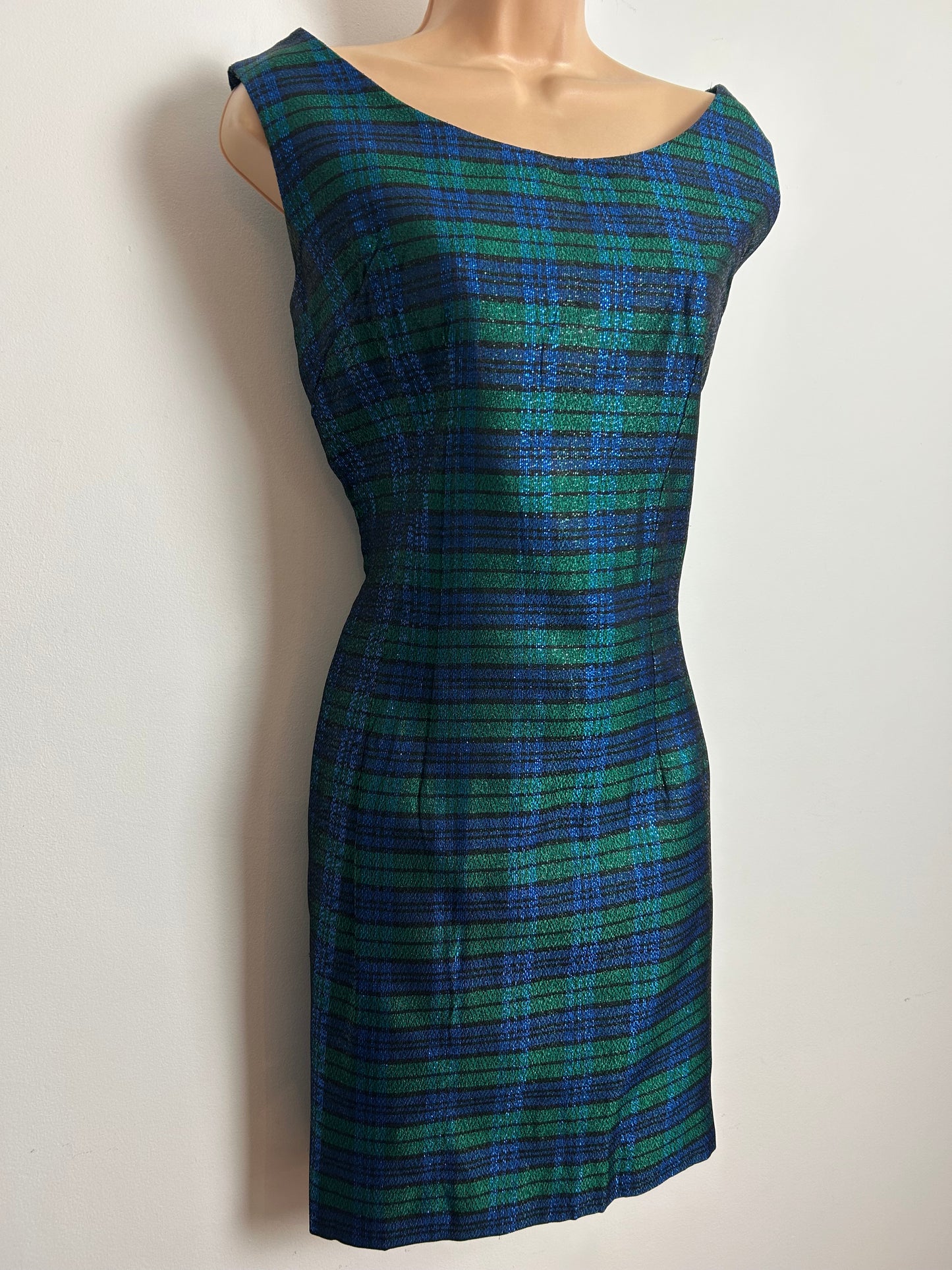 Vintage 1960s Size 12 Blue & Green Lurex Tartan Check Sleeveless Wiggle Party Dress