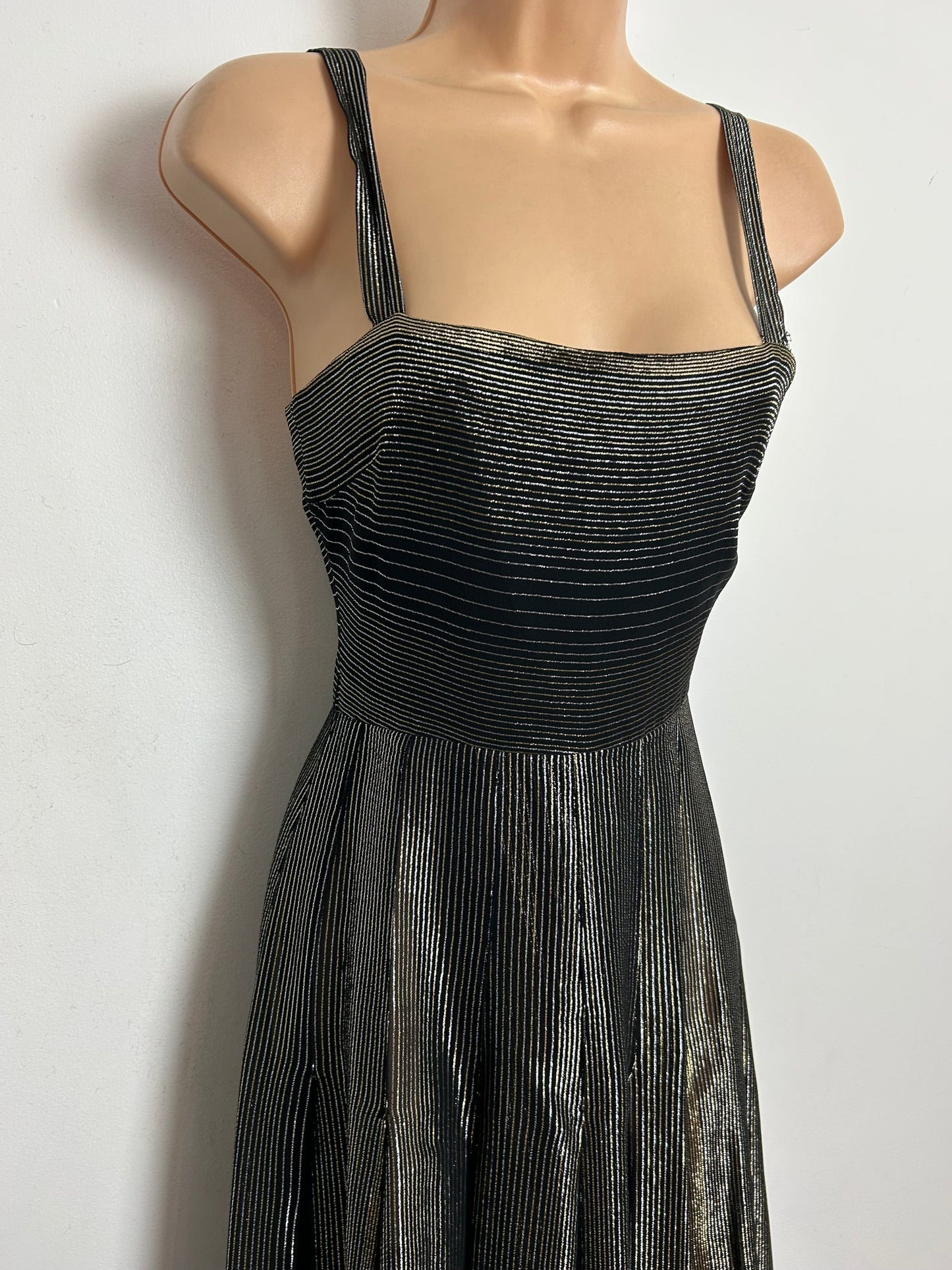 Vintage RARE 1970s SUJON Size 6 Black Pinstripe Lurex Christmas Party Evening Dress