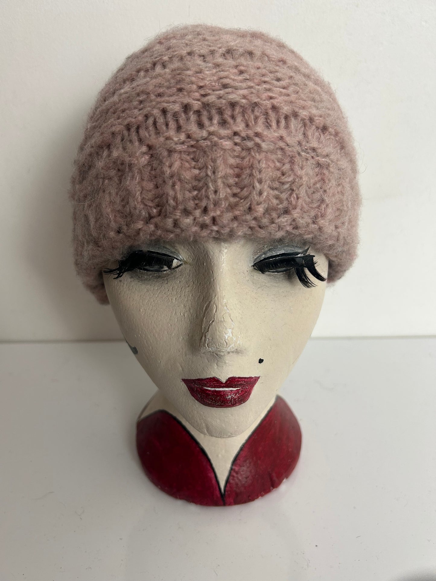 Vintage Dusky Pink Chunky Knit Beanie Style Wool Mix Hat