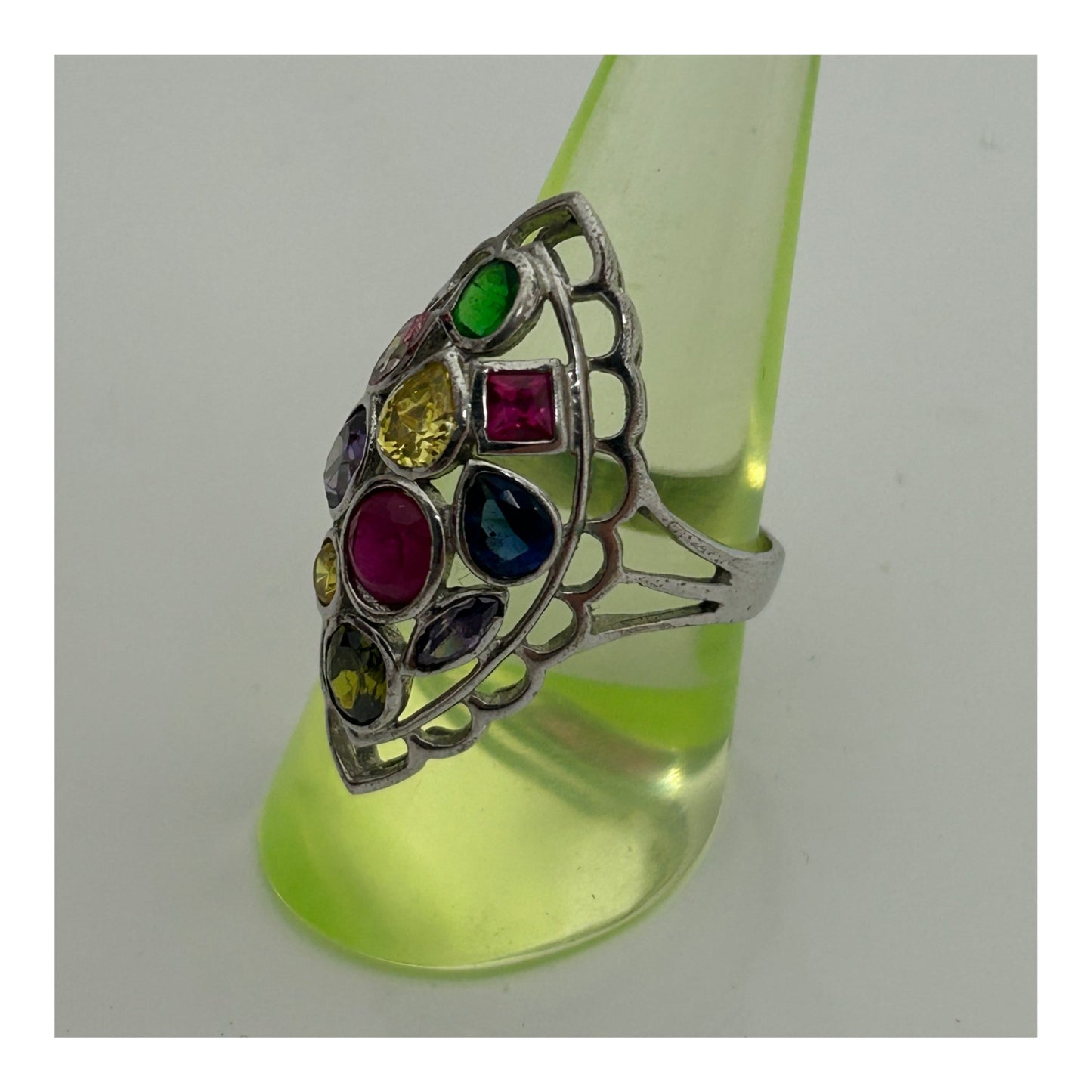 Vintage Beautiful Sterling Silver Multi Coloured Stone Set Cut Out Detail Ring Size O