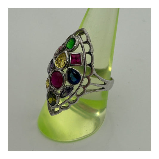 Vintage Beautiful Sterling Silver Multi Coloured Stone Set Cut Out Detail Ring Size O