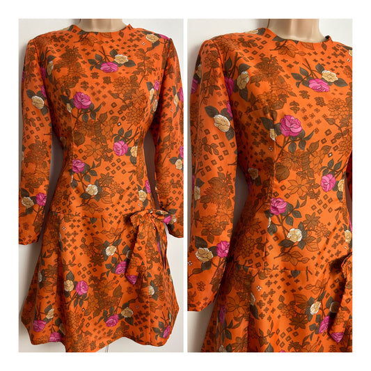 Vintage 1960s Size 10 Orange Brown & Pink Floral Print Long Sleeve Bow Detail Mod Dress