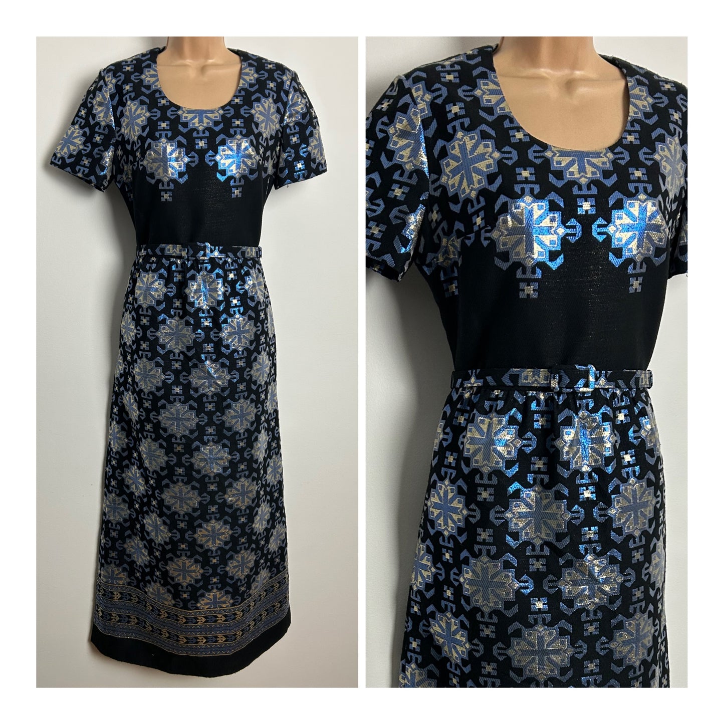 Vintage 1970s Size 10-12 Black Blue & Silver Lurex Abstract Pattern Belted Occasion Evening Maxi Dress