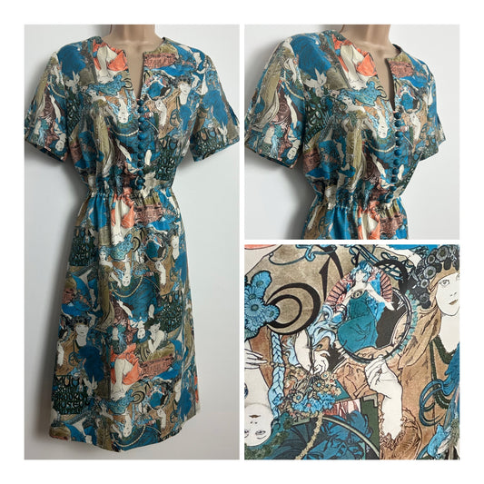 Vintage 1970s Size 12 Blue Orange & White Alfonso Mucha Inspired Belle Epoque Illustrated Ladies Novelty Print Dress