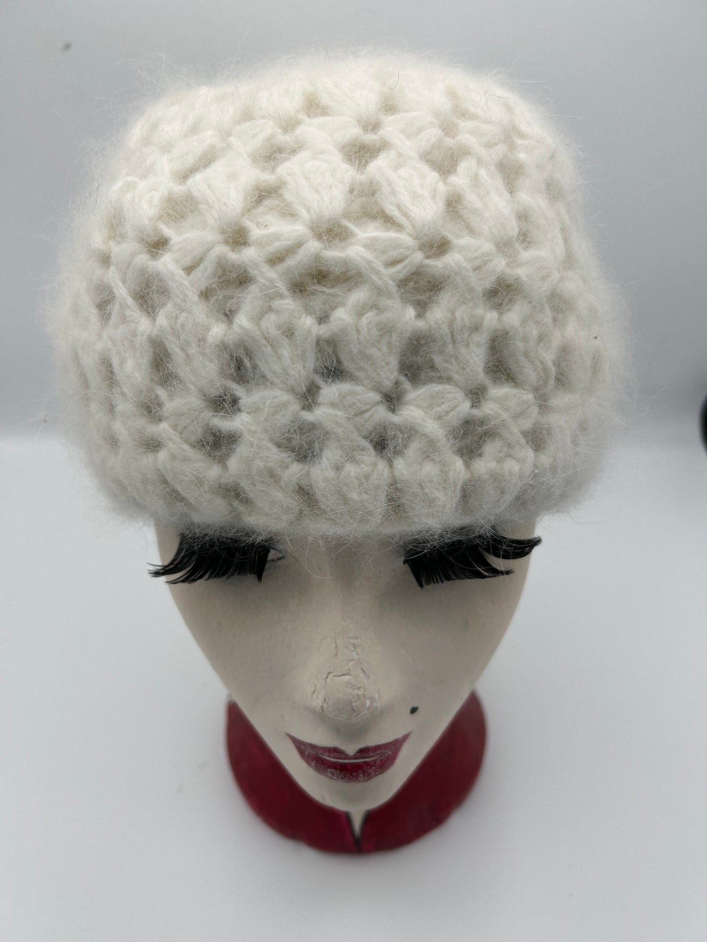 Vintage 1980s Winter White Angora & Wool Mix Super Soft Beanie Style Crochet Winter Hat