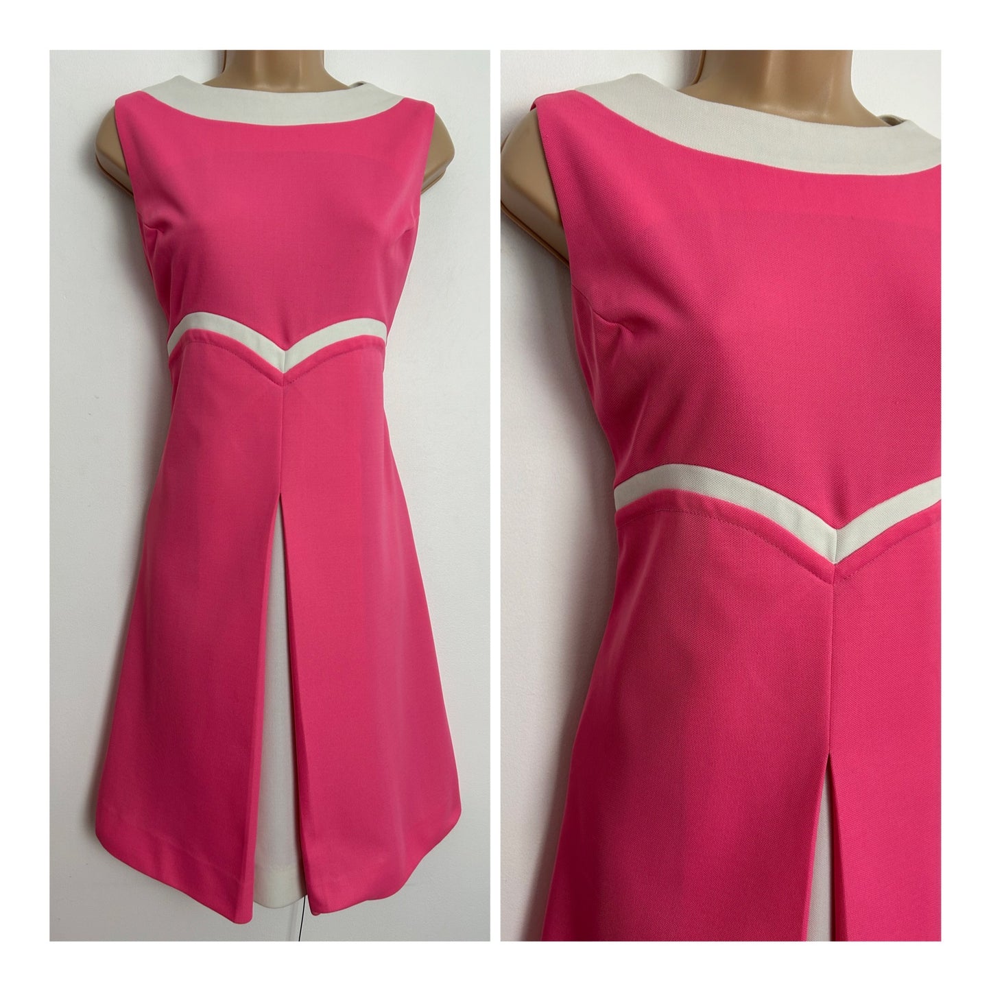 Vintage 1960s PETITE VOGUE UK Size 8 Candy Pink & White Crimplene Sleeveless Mod Scooter Dress