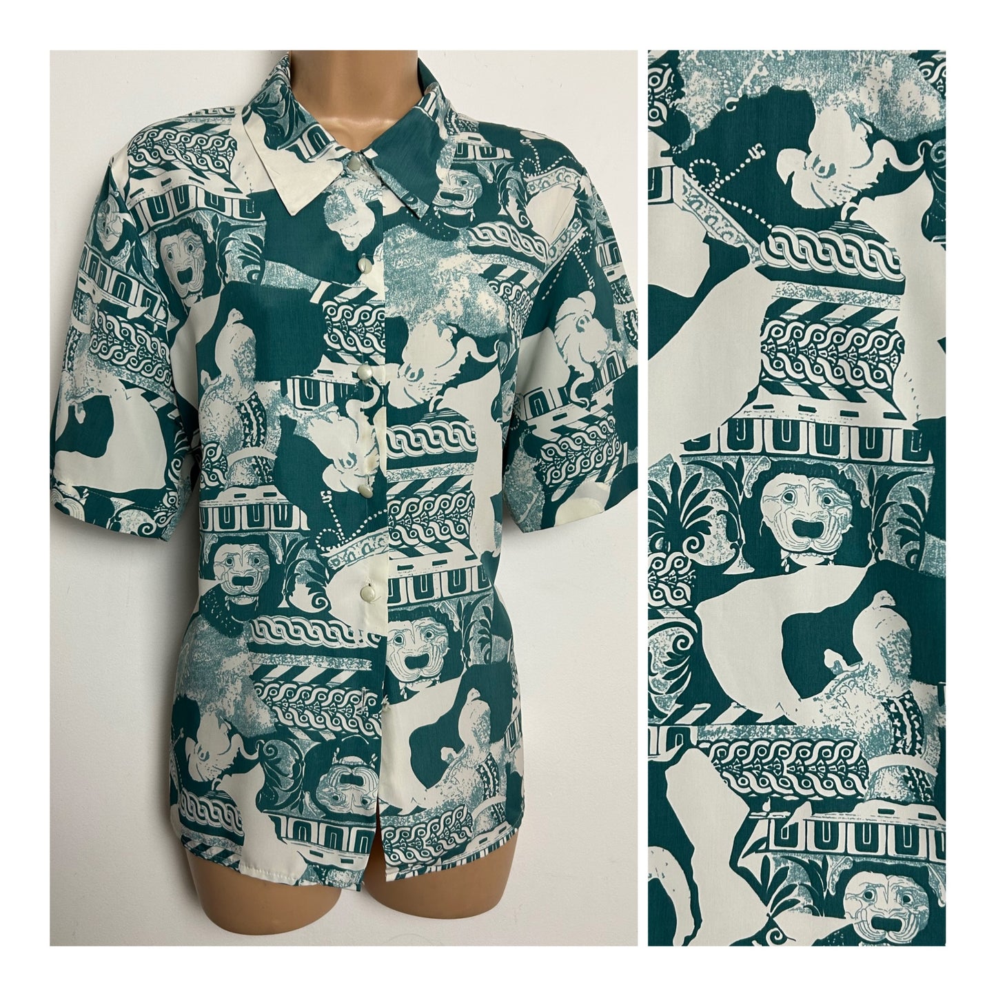 Vintage 1980s LEONELLA Size 14 Teal Green & White Abstract Print Long Sleeve Shirt