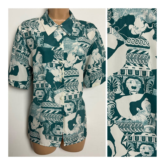 Vintage 1980s LEONELLA Size 14 Teal Green & White Abstract Print Long Sleeve Shirt