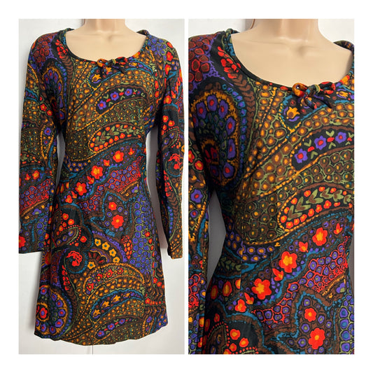 Vintage Early 1970s UK Size 12 Black Red Blue & Orange Abstract Floral Print Long Sleeve Mini Mod Shift Dress