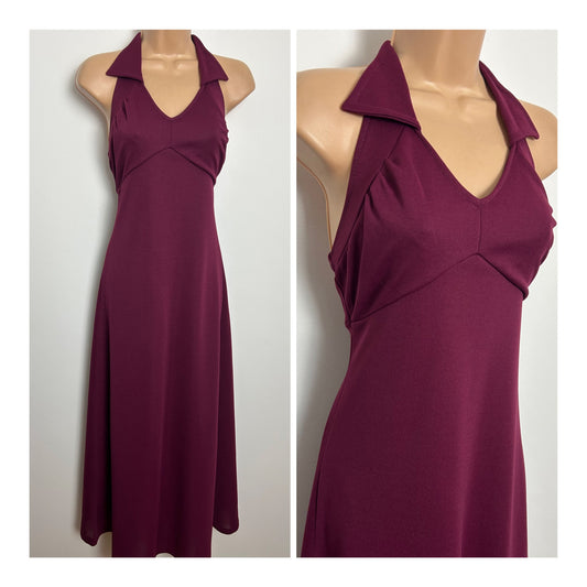 Vintage 1970s MISS DEVONSHIRE Size 6-8 Burgundy Collared Halter Neck Open Back Maxi Dress