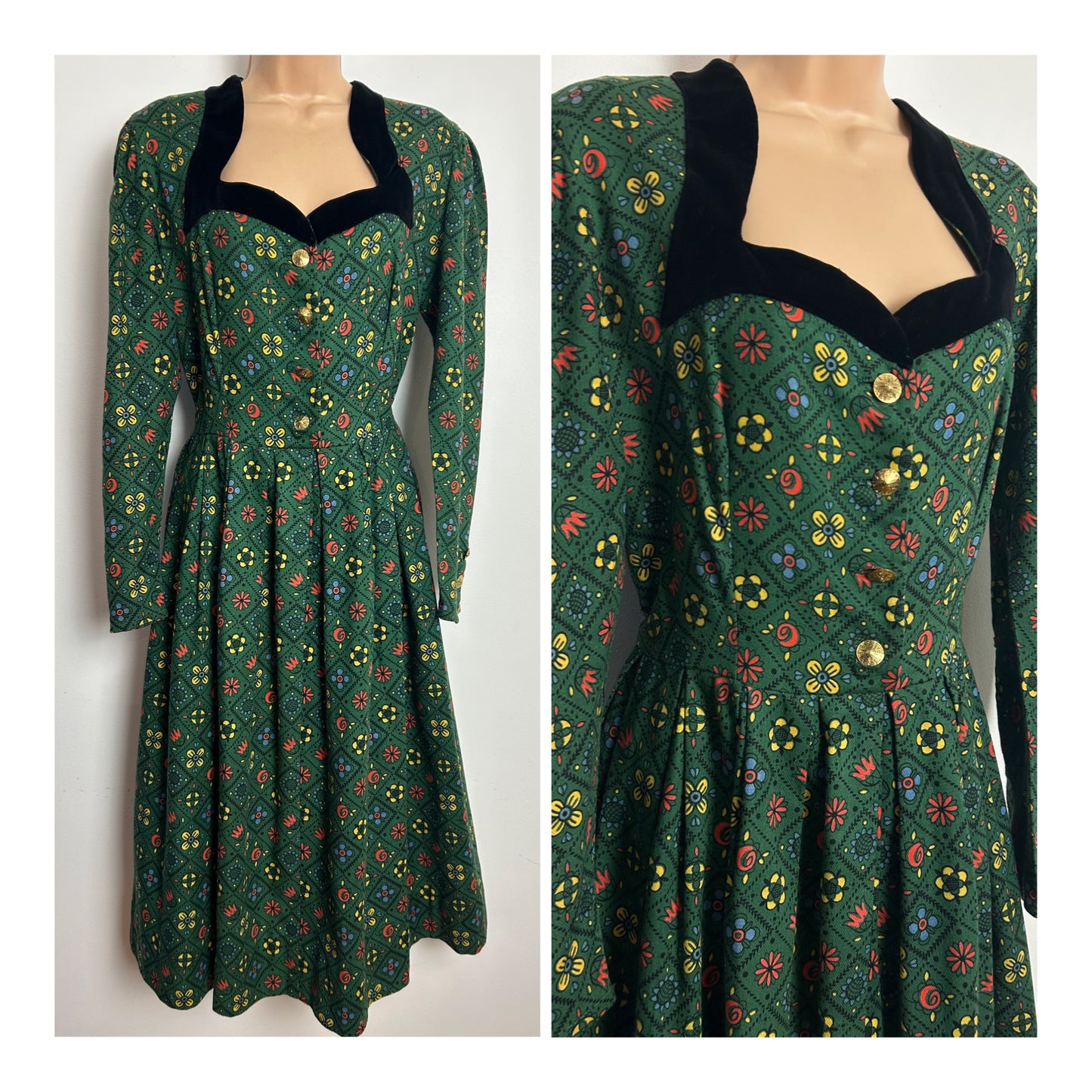 Vintage 1950s Size 12-14 Green Red Yellow & Blue Abstract Grid Print Velvet Trim Cotton Pleated Day Dress