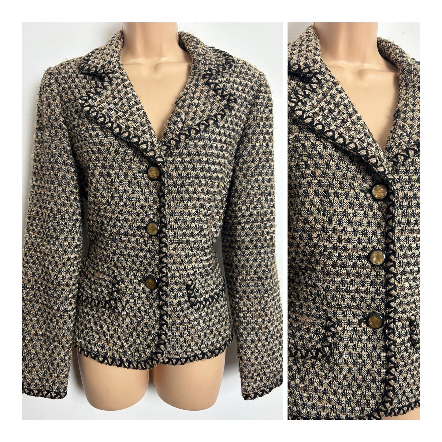 Vintage 1990s TALBOTS Size 10 Black & Beige Boucle Wool & Mohair Mix Blazer Style Jacket