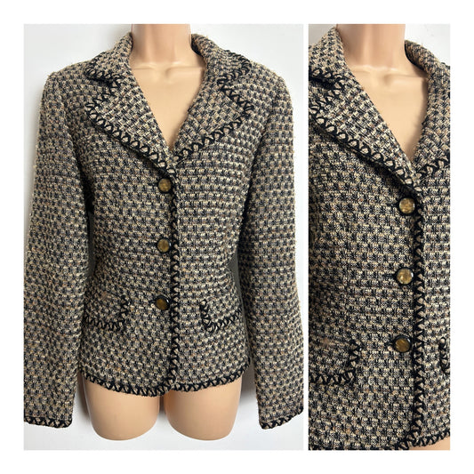 Vintage 1990s TALBOTS Size 10 Black & Beige Boucle Wool & Mohair Mix Blazer Style Jacket
