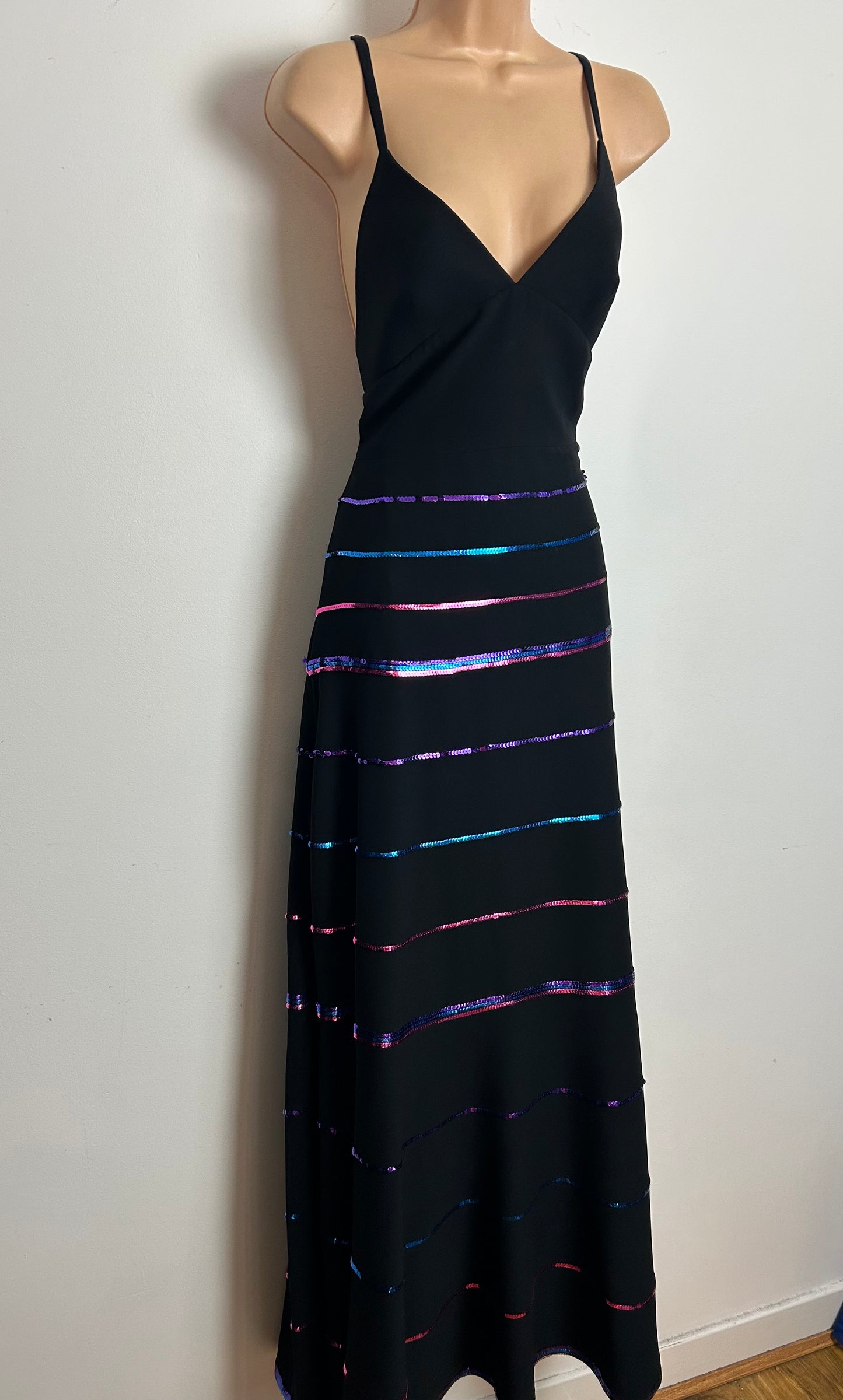 Vintage 1970s LOUIS FERAUD Size 6 Black Halterneck Purple Blue & Pink Sequin Detail Evening Party Maxi Dress