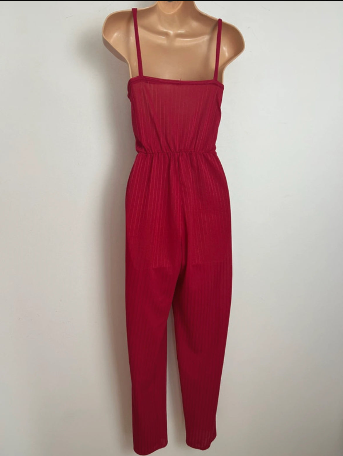 Vintage Late 1970s Size 8/10 Raspberry Red Stripe Strappy Tapered Leg Jumpsuit