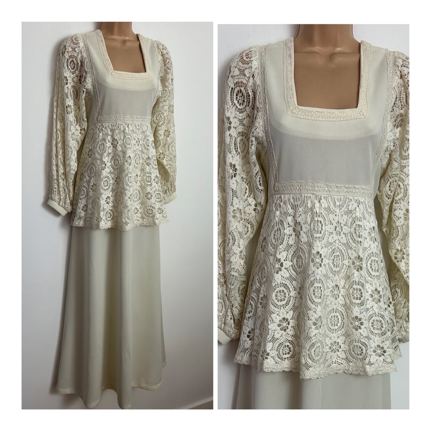 Vintage 1970s FREEMANS OF LONDON UK Size 6-8 Gorgeous Cream Lace Long Sleeve Peplum Layered Boho Prairie Maxi Dress