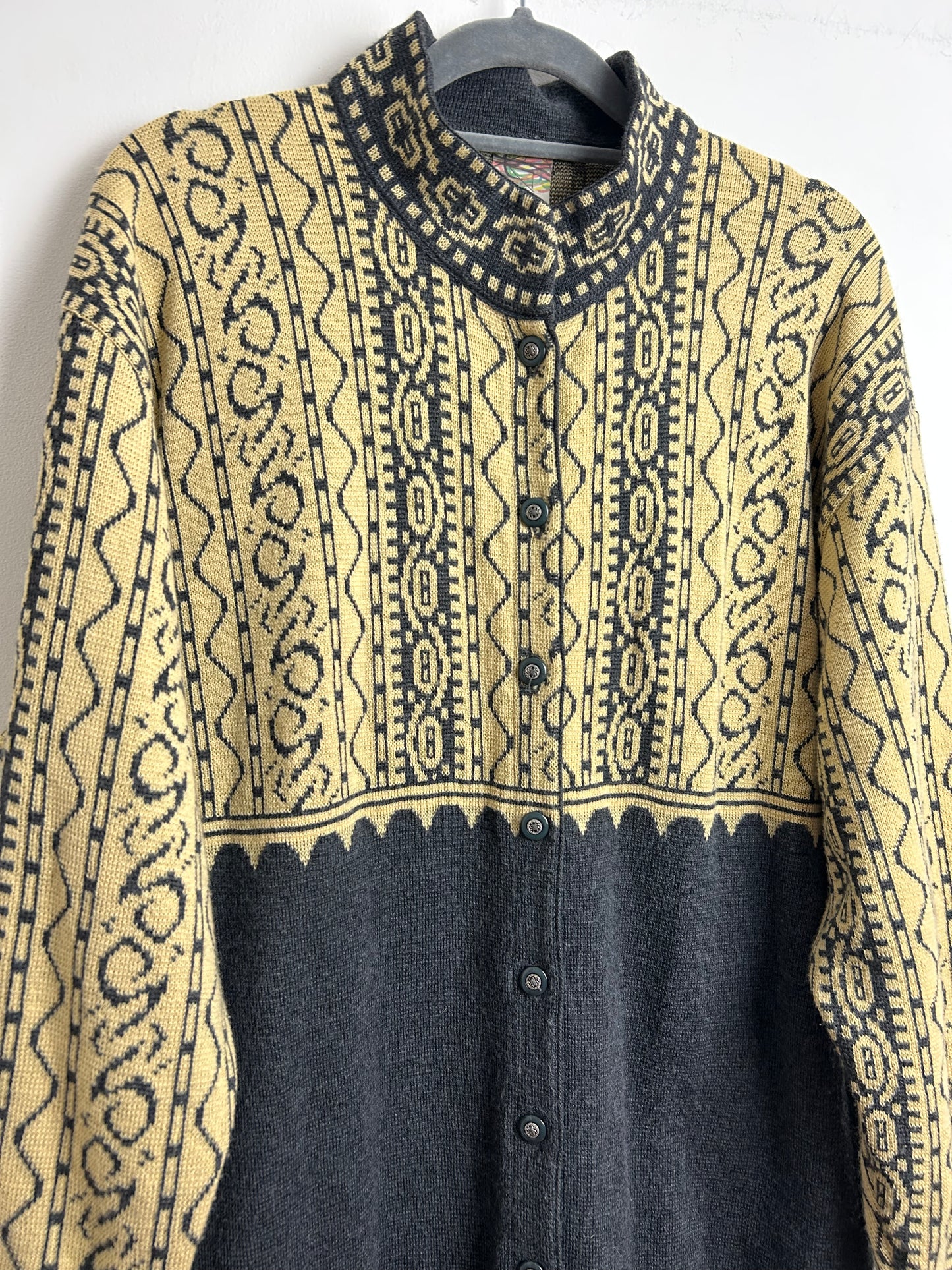 Vintage 1980s ITALIAN Size L Grey & Sandy Beige Abstract Pattern 50% Wool Long Sleeve Cardigan