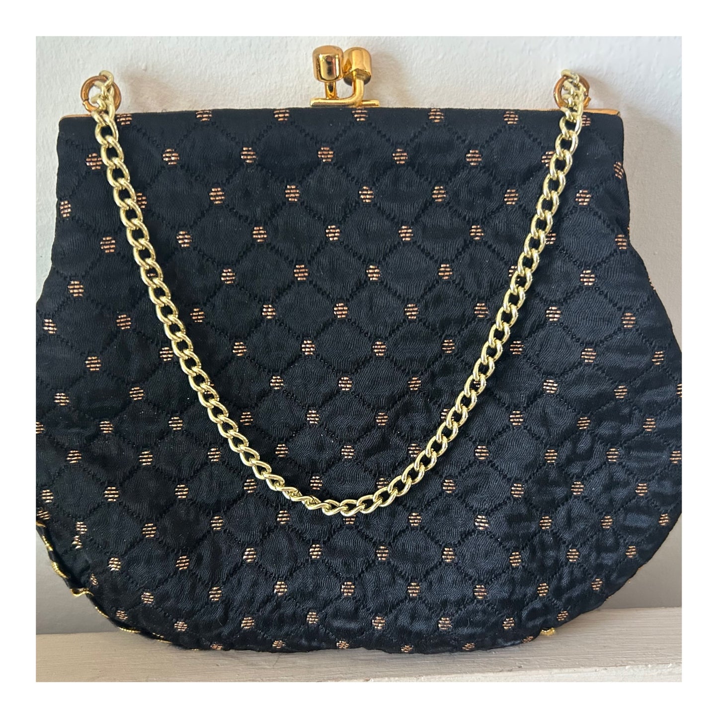 Vintage 1960s Small Black & Metallic Gold Satin Fabric Evening Bag With Chain Handle