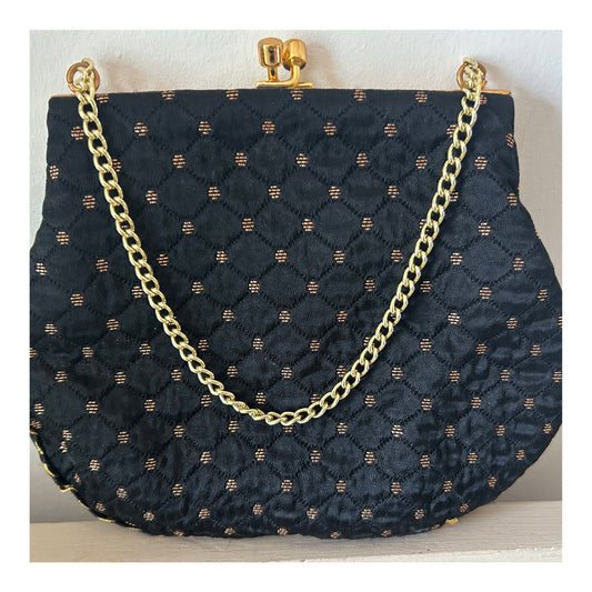 Vintage 1960s Small Black & Metallic Gold Satin Fabric Evening Bag With Chain Handle