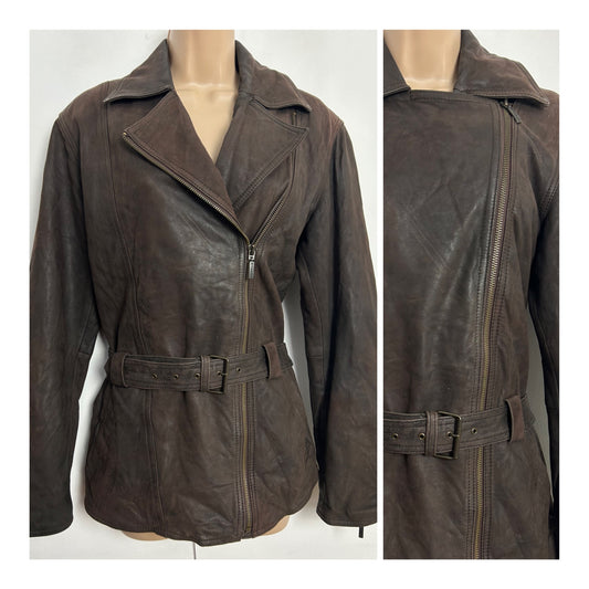 Vintage 1980s MADDOX Approx UK Size 12-14 Brown Zip Fronted Belted Leather Jacket