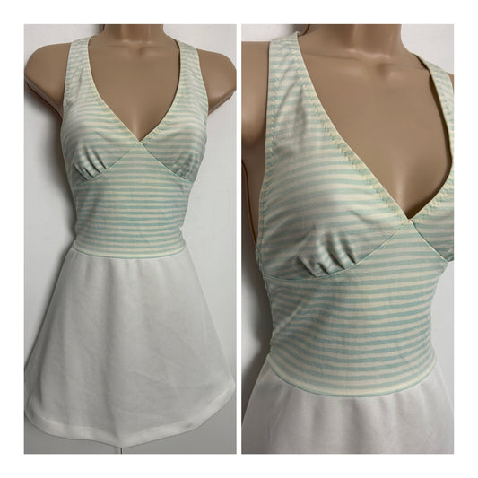 Vintage Early 1970s OLYMPIC Size 8-10 White Pale Blue & Cream Stripe Print Halterneck Tennis Or Swim Dress