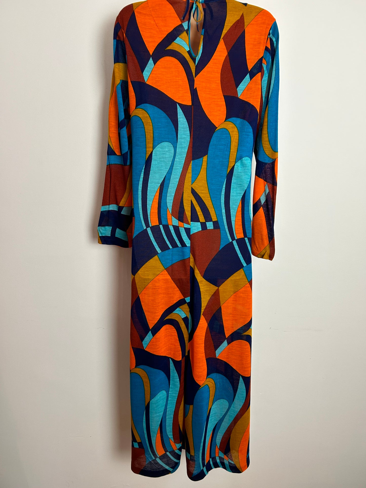 Vintage 1970s DEADSTOCK CHARMOR UK Size 12-14 Turquoise Rust & Navy Abstract Print Long Sleeve Maxi Dress