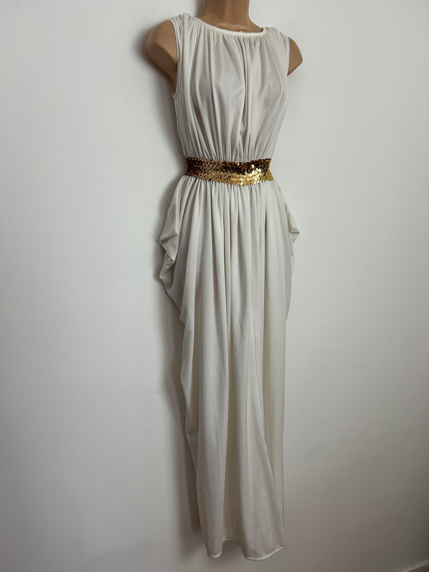 Vintage Late 1970 TRINA LEWIS & MARJON COUTURE UK Size 8-10 White Sleeveless Gold Sequin Detail Draped Grecian Style Occasion Maxi Dress