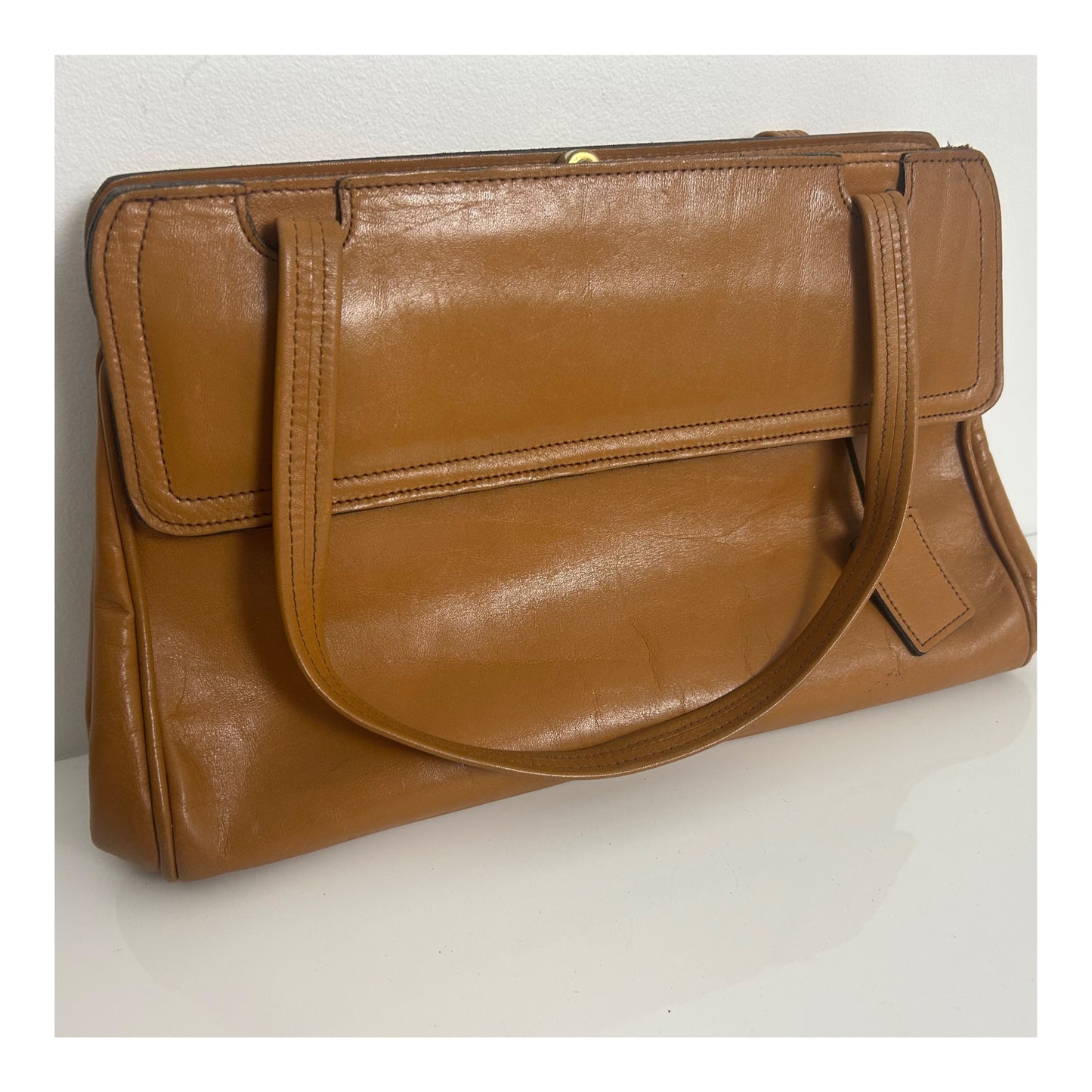 Vintage Late 1960s Tan Brown Top Handles Leather Handbag With Small Matching Coin Purse